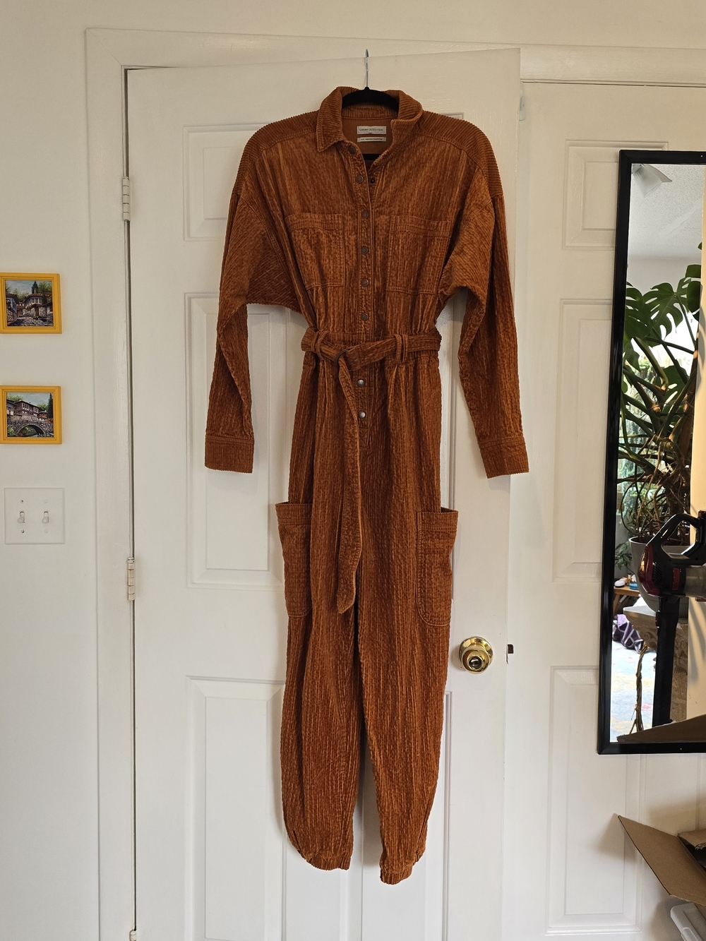 Urban Outfitters Burnt Orange Corduroy Button-Front Jumpsuit with Tie Waist